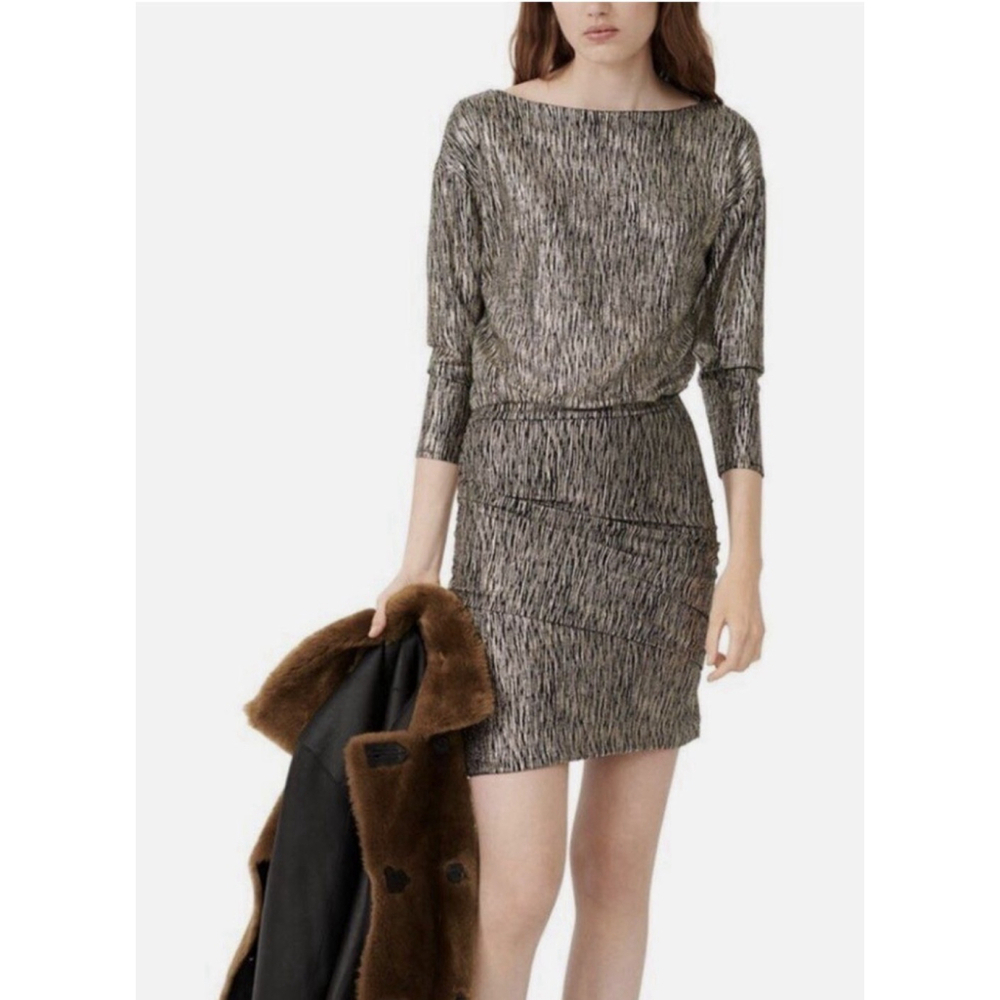 Maje Metallic Estelle Mini Dress 38/MED/6 US Ruched Cocktail Bodycon Party $250